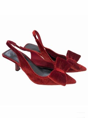ASOS DESIGN Saffron Velvet Bow Slingback Kitten Heels Size 7 Burgundy Rust
